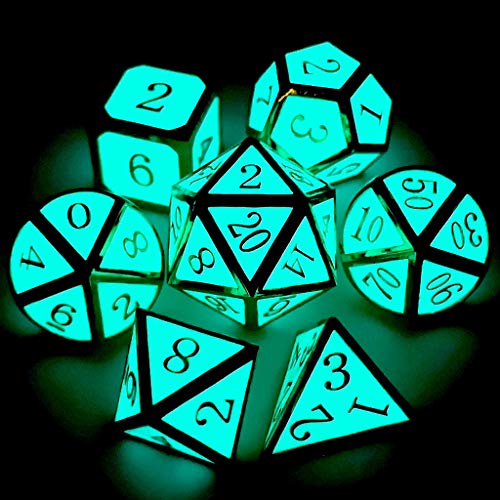 Haxtec Gold Glowing Blue Metal DND Dice Set Glow in the Dark Enamel D&D Dice with Dragon Eye Leather Dice Bag Compatible with Dungeons and Dragons TTRPG Gift for DND Lovers DM Masters - color: Gold Blue Green