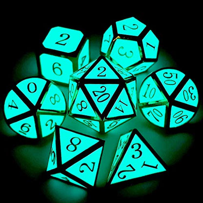 Haxtec Metal DND Dice Set, 7 Pcs Glow in the Dark Polyhedral Dice for RPG | Gold Glowing Blue D&D Dice with Leather Dragon Eye Bag, Compatible with Dungeons and Dragons, Heavy Metallic, MTG Gifts - color: Gold Blue Green
