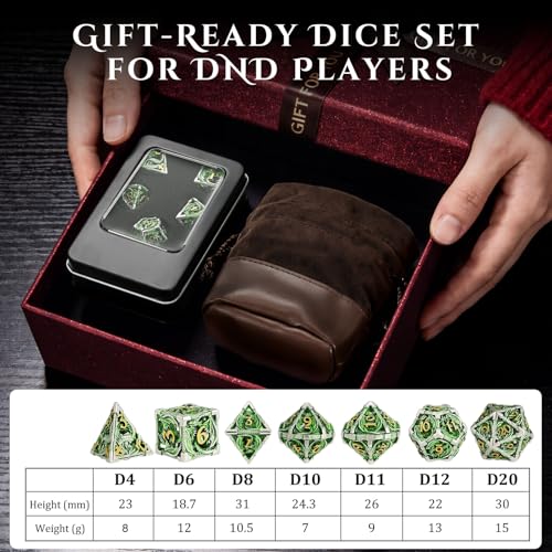 MoKo Dragon Hollow Metal DND Dice Set, Green+Gold | 7 Pcs Polyhedral, D20 D12 D10 D8 D6 D4, For Dungeons and Dragons RPG Games, With Gift Box - color: 4 - Green+gold