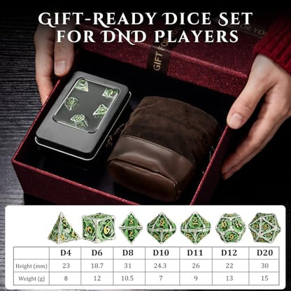MoKo Dragon Hollow Metal DND Dice Set, Green+Gold | 7 Pcs Polyhedral, D20 D12 D10 D8 D6 D4, For Dungeons and Dragons RPG Games, With Gift Box - color: 4 - Green+gold