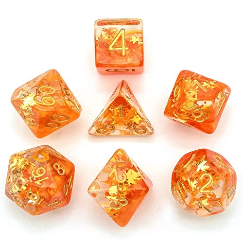 Cusdie 7-Piece Dice Set - Resin DND Dice with Yellow Leaf-Shaped Gold Foil Design, Perfect for Board Game Enthusiasts, Gifts, and Collectors(Fall Dice) - color: Fall Dice