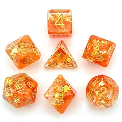 Cusdie 7-Piece Dice Set - Resin DND Dice with Yellow Leaf-Shaped Gold Foil Design, Perfect for Board Game Enthusiasts, Gifts, and Collectors(Fall Dice) - color: Fall Dice