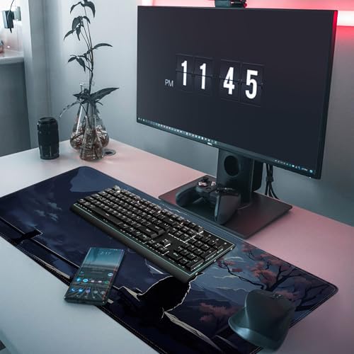 Moon Cat Large Gaming Mouse Pad,Black XL Mouse Pad Gaming 31.5 x 11.8 in Mouse Mat Desk Pad,Large Desk Mat,Extended Keyboard Pad Mousepad with Non-Slip Base and Stitched Edge for Office Home Gaming - color: Moon Cat