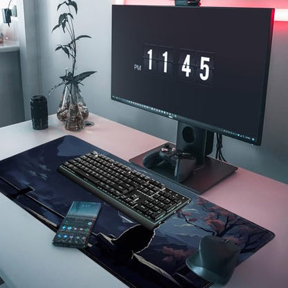 Moon Cat Large Gaming Mouse Pad,Black XL Mouse Pad Gaming 31.5 x 11.8 in Mouse Mat Desk Pad,Large Desk Mat,Extended Keyboard Pad Mousepad with Non-Slip Base and Stitched Edge for Office Home Gaming - color: Moon Cat