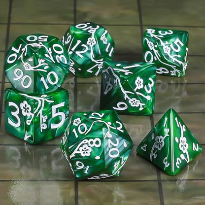 CiaraQ 7pcs Polyhedral Dice Set for Dungeon and Dragons MTG Table Games | Acrylic Role Playing Dice for D&D with Black Velvet Bag – Green Pearl with White Numbers & Plum Blossom Patterns - color: Green and White Floral Dice
