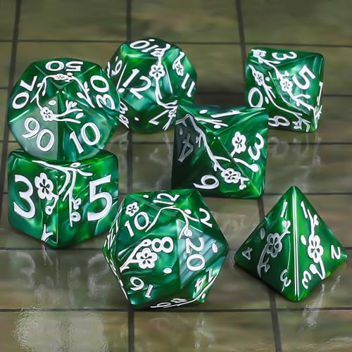 CiaraQ 7pcs Polyhedral Dice Set for Dungeon and Dragons MTG Table Games | Acrylic Role Playing Dice for D&D with Black Velvet Bag – Green Pearl with White Numbers & Plum Blossom Patterns - color: Green and White Floral Dice