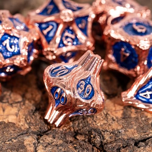 Metal Dice Set D&D Polyhedral Metal DND Dice Blue for Tabletop Games | Leather Storage Bag, DM Gift, for Dungeons and Dragons Role Playing Games - color: Metal Tree-copperblue