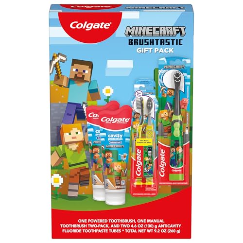 Colgate Kids Minecraft Toothbrush and Kids Toothpaste Gift Set, Includes Minecraft-Themed Battery Toothbrush, 2 Bubblegum Flavored Fluoride Toothpastes, and 2 Manual Toothbrushes - style: Minecraft
