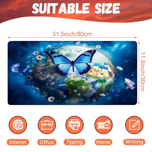 Desk Mat, Earth Surrounded by Flowers Desk Pad, Blue Butterfly Large Gaming Mouse Pad, 31.5"x15.7", Extended Big Computer Keyboard Mouse Pad with Non-Slip Base and Stitched Edge - color: Earth Surrounded By Flowers