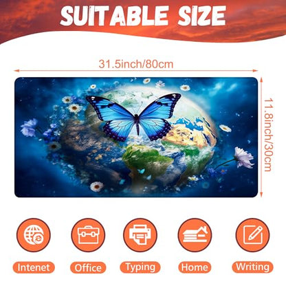 Desk Mat, Earth Surrounded by Flowers Desk Pad, Blue Butterfly Large Gaming Mouse Pad, 31.5"x15.7", Extended Big Computer Keyboard Mouse Pad with Non-Slip Base and Stitched Edge - color: Earth Surrounded By Flowers
