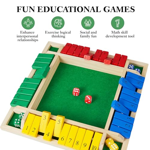 AMEROUS Shut The Box Dice Game-12 inches-Colorful Design-1-4 Players-12 Dice-Gift Package, Classic 4 Sided Wooden Board Game for Adults Kids, Classics Board Game