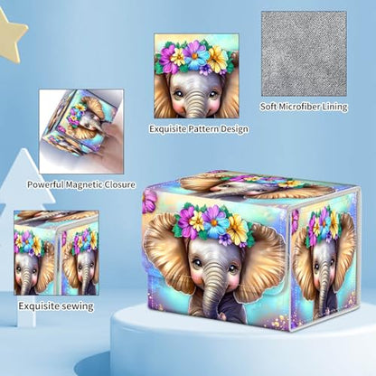 for MTG Commander Deck Box,Card Deck Box for Trading Yugioh MTG,Fits 100 Double Sleeved Cards,PU Leather Strong Magnet Case for Magic Commander TCG CCG,Cute Elephant Flower - color: Cute Elephant Flower
