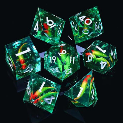 Moss and Koi Fish DND Dice Set - 7Pcs Sharp Edge Resin Polyhedral Game Dice for D&D RPG - Includes D20, D12, D10, D8, D6, D4 - Moss Agate Fish Design(Green) - color: Green