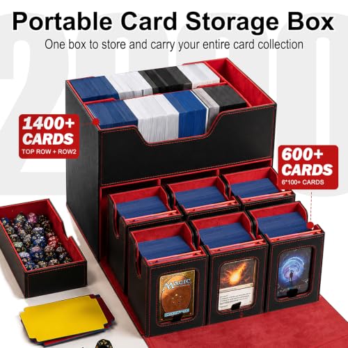 MTG Deck Box for Commander & TCG, Trading Card Storage Box with Handle | 7-in-1 Cards Deck Case with dual-sided windows, 2-layer design, 6 deck case, 1 dice tray, 6 magnetic holders & accessories - color: Super Large - Black Red