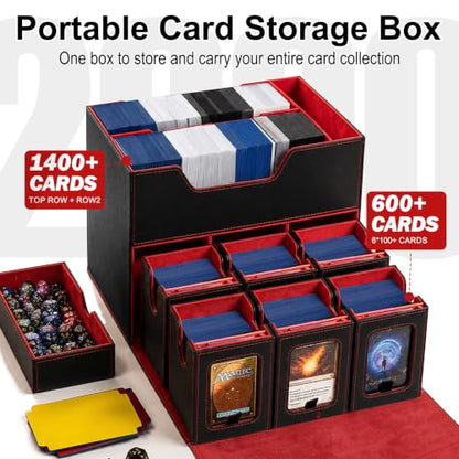 MTG Deck Box for Commander & TCG, Trading Card Storage Box with Handle | 7-in-1 Cards Deck Case with dual-sided windows, 2-layer design, 6 deck case, 1 dice tray, 6 magnetic holders & accessories - color: Super Large - Black Red