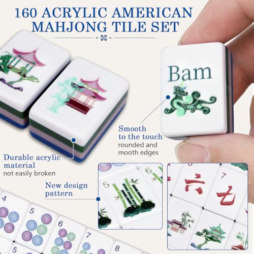 160 Acrylic American Mahjong Tile Set for Beginners, Mah Jong Lovers | 1.2” Mahjong Set with Carrying Bag and Accessories, 2026 New Premium Blue Tiles, 3D Engraved 4 Layer Mahjong Tiles - color: Blue