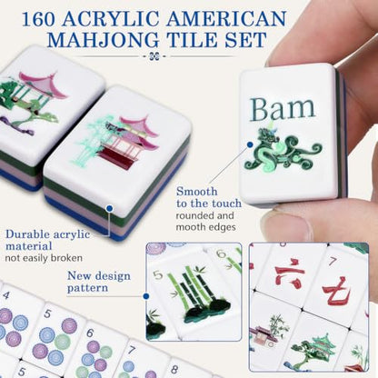 160 Acrylic American Mahjong Tile Set for Beginners, Mah Jong Lovers | 1.2” Mahjong Set with Carrying Bag and Accessories, 2026 New Premium Blue Tiles, 3D Engraved 4 Layer Mahjong Tiles - color: Blue