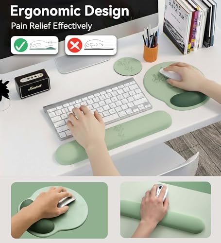 Mouse Pad with Keyboard Wrist Rest,Ergonomic Mouse Pad Wrist Support PU Base with Coaster,Mousepad with Nonslip Base for Computer Laptop Keyboard Home&Office - color: K-Green Plants