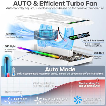 Tokluck PA5/Slim/Pro Cooling Station with Auto Turbofan & 3-Level Speed, PA5 Vertical Stand Cooling Fan Station with Controller Charger, Accessories Base Cooler Docking Station, White - color: White