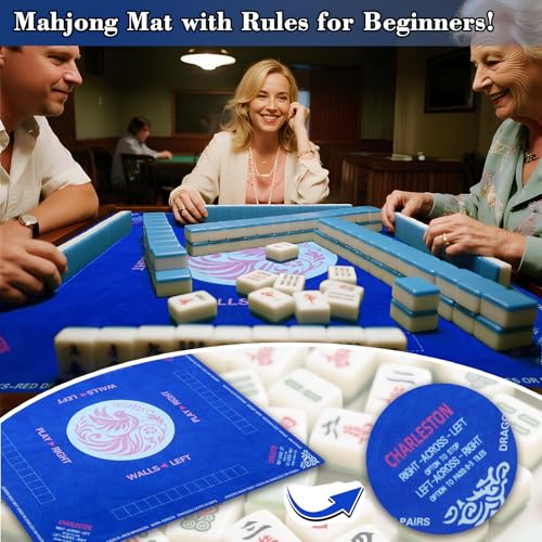 Mahjong Mat with Carrying Bag, Blue Mahjong Table Mat with Rules | Anti Slip & Noise Reduction, Easy to Carry, 31.5" x 31.5" Neoprene Mahjong Mats, Elegant Print & Soft Surface Gaming Mat - color: Blue