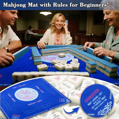 Mahjong Mat with Carrying Bag, Blue Mahjong Table Mat with Rules | Anti Slip & Noise Reduction, Easy to Carry, 31.5" x 31.5" Neoprene Mahjong Mats, Elegant Print & Soft Surface Gaming Mat - color: Blue