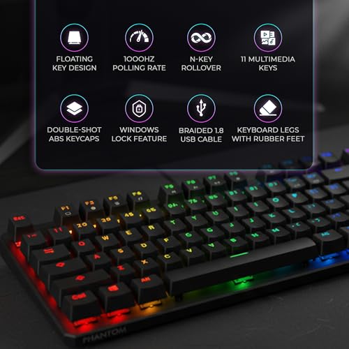 TECWARE Phantom 87 Key RGB Mechanical Gaming Keyboard | Outemu Red Switch | 16.8M Color LED Lighting | 18 Pre-Set | Low Latency | N-Key Rollover | Software Customizable Keys | Wired USB Connection - color: Red Switch