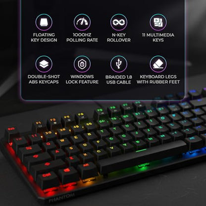 TECWARE Phantom 87 Key RGB Mechanical Gaming Keyboard | Outemu Red Switch | 16.8M Color LED Lighting | 18 Pre-Set | Low Latency | N-Key Rollover | Software Customizable Keys | Wired USB Connection - color: Red Switch