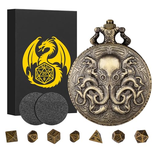 Mini DND Dice Set with Steampunk Double Eyed Octopus Pocket Watch Case, Tiny 7PCS Polyhedral Metal D&D Dice, DND Gifts with Gift Box, Role Playing Game Board Game Accessories Dice, Bronze - color: Bronze