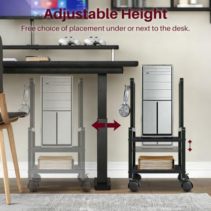 Adjustable 2-Tier PC Stand, Computer Tower Stand with 360° Locking Wheels & Hooks, CPU Cart for Floor, Carpet and Under Desk, 15.2" x 11.8" x 26", Black - color: Black