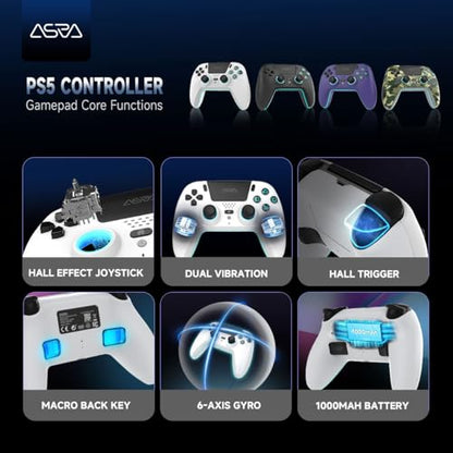 ASRVA White Wireless Pro Controller for PS5, Hall Effect Joystick No Drift, 2 Back Paddles, Macro, Gyro, 1000mAh, RGB, Compatible with PS5/Pro/Slim/PC/iOS/Android - color: White
