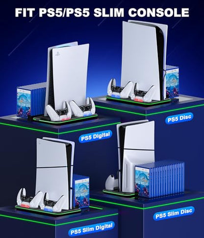 PS5/PS5 Slim Stand and Cooling Station with Controller Charging Station for Playsation 5, PS5 Accessories Kit Incl. 3 Levels Cooling Fan, LED, 15 Game Slot, Headset Holder for PS5 Digital/Disc Console - size: S-for PS5/Slim