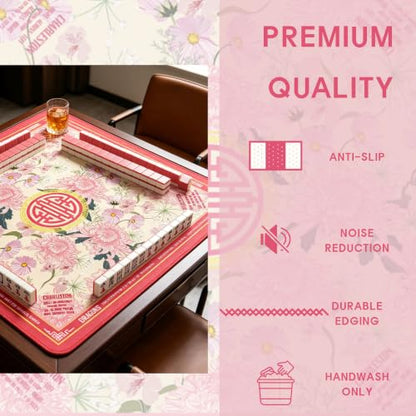 Pink Floral Mahjong Mat for Table with Rules, No Creases, Ships Rolled, 31.1 x 31.1 Non-Slip Noise Reduction Gaming Mat with Carrying Bag for Mahjong Poker Card Board Games - color: Pink
