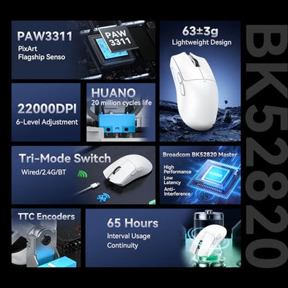 ATTACK SHARK X11SE Wireless Gaming Mouse, 59g Lightweight, White | Bluetooth/2.4Ghz Wireless/Wired Connectivity, 22K DPI, PixArt PAW3311 Gaming Sensor, 1K Polling Gamer Mice for PC/Mac - color: White