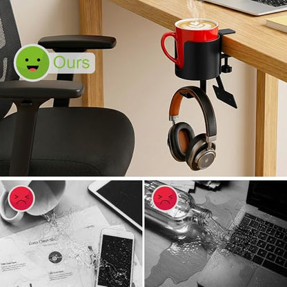 MYITYARD 3 in 1 Desk Cup Holder Clamp, Clip On Table Cup Holder with Headphone Hook & Power Strip Holder, Rotatable Water Bottle Drink Coffee Mug Organizer, Gaming Accessories for Home and Office - color: With Power Strip Holder