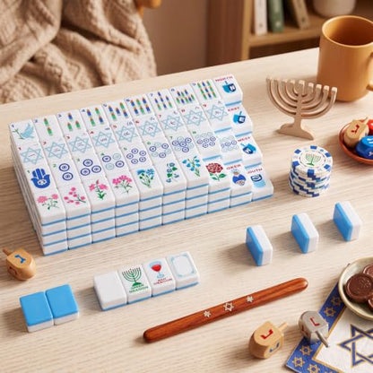 160 Pcs American Mahjong Tiles Set Blue, Mini 1.2 Inch Mahjong Tiles with Rosh Hashanah Themed Protable Mah Jong Game Set for Jewish New Year Holiday Family Gathering Hanukkah Gift - style: Jewish