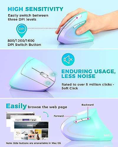 Lekvey Ergonomic Mouse, Vertical Wireless Mouse, Rechargeable 2.4G Optical Carpal Tunnel Mice: 800/1200 / 1600 DPI, 6 Buttons, for Laptop, PC, Mac, Computer, Desktop, Notebook etc, Green Purple - color: Green and Purple