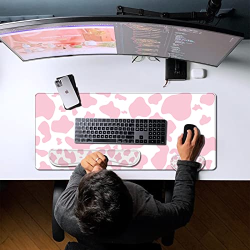 3Pcs Large Gaming Mouse Pad Desk Mat,Keyboard Mouse Wrist Rest Support Set,Extended Laptop Mouse Pad Memory Foam Non-Slip Base for Gamer Home Office(31.5x15.7in)-Pink Cow Pattern - color: B2-Pink
