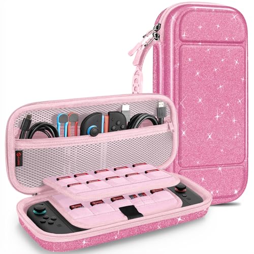 FINTIE Carrying Case for Nintendo Switch 2 (2025), Shockproof Hard Shell Switch 2 Case, Protective Cover Travel Bag with 19 Game Card & 2 Micro SD Card Slots & Inner Pocket, Glittering Pink - color: Glittering Pink