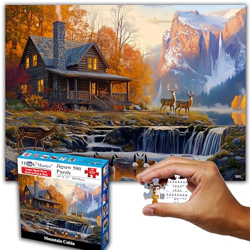 Think2Master Cabin by the Falls 500 Pieces Large Format Jigsaw Puzzle: 13+, Teens, Adults & Families. Scenic Autumn Mountain Landscape with Log Cabin, Waterfall. Great Gift. Size: 26.8” X 18.9” - style: Cabin by the Falls