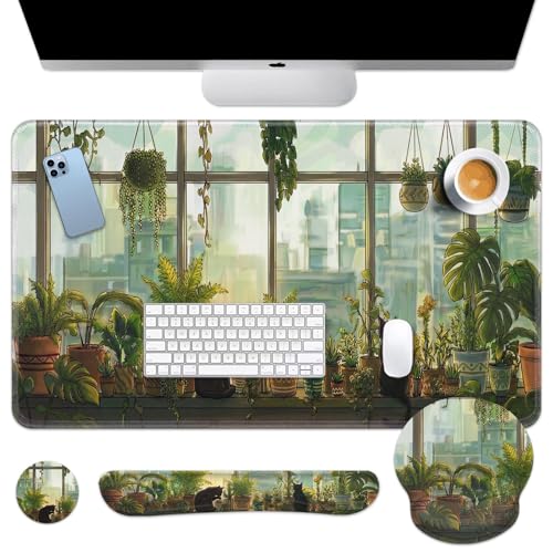 Britimes Cute Cat Keyboard Mouse Pad Set Green Plants 4in1 Large Mousepad+Keyboard Wrist Rest+Mouse Wrist Rest+Coaster Ergonomic Design for Home Office Computer 35.4x15.7 inches - color: Black Cat