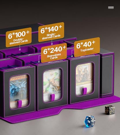 Kabinka MTG Commander Deck Box, 6-Deck Modular Card Case with 100 PCS Card Sleeves, Dice Tray - Holds 600+ Double-Sleeved Cards, 35PT Magnetic Holders for TCG/EDH (Black Purple) - color: Black Purple