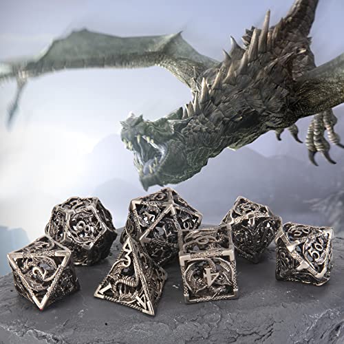 DND Dice,Hollow D&D Metal Dice,Dungeons and Dragons Dice Set with Gift Box,7 PCs Steampunk Polyhedral Dice Games Set for RPG,MTG,Pathfinder,(Dragon Ancient Silver) - color: Dragon Ancient Silver
