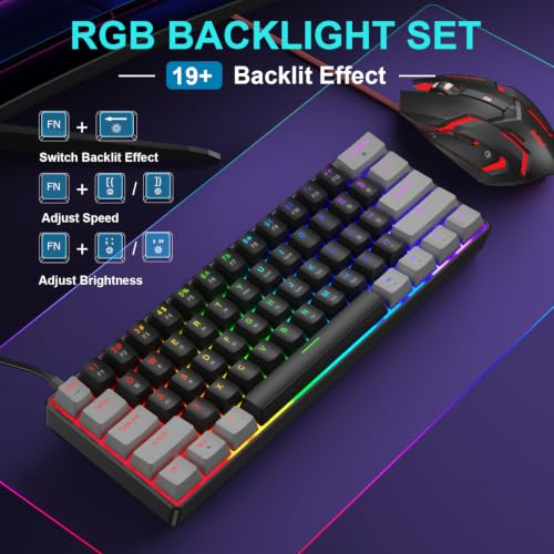 BlueFinger 60% Mechanical Gaming Keyboard and Mouse Combo - RGB Rainbow Backlit 61 Keys Red Switch Keyboard & 4 DPI LED Gaming Mouse, USB Wired Set for PC Laptop Xbox PS4 PS5, White (Gray & Black) - color: Gray & Black