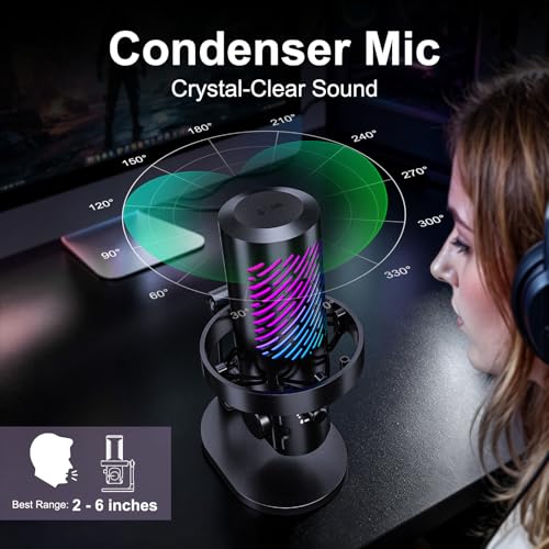 RGB USB Gaming Microphone for PC, Streaming & Podcast, Cardioid Condenser Mic with Noise Reduction, Touch Mute, Headphone Monitoring, Gain Control, Plug & Play for Mac Phone