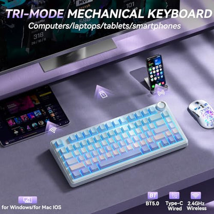 SOLAKAKA A75 Wireless Mechanical Keyboard, Hot Swappable Gaming Keyboard with RGB Backlit, Multifunction Knob, Gasket Mounted Creamy Keyboard, BT5.0/2.4GHz/USB-C, 75% Compact Layout for Win/Mac/PC - color: Gradient-BluePurple
