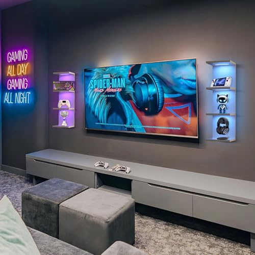 4 Tier RGB Wall Shelf, White | Gaming Shelf with Remote Control,Lack Shelves with Light for Bedroom, Easy to Install Cosmetic& Display Modern Shelf - color: 4r-white