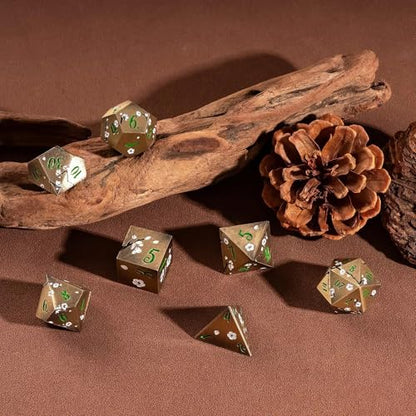 UDIXI Metal DND Dice Set, 7PCS Metal Polyhedral Dice Set Bronze for D&D RPG | White Flower, Metal Case Packaging, Heavy Metal Dice, D&D Gift, for Dungeons and Dragons Role Playing Games Tabletop Games - color: Flower/Bronzegreen