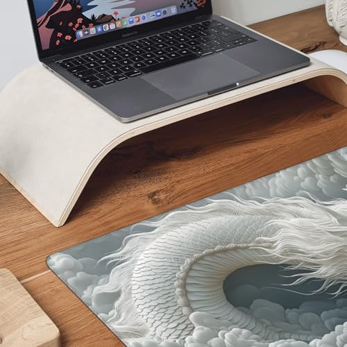 Large Chinese Dragon Mouse Pad, Non-Slip Natural Rubber Desk Mat with Stitched Edges, White and Gray, 35.4 x 15.7 Inches, Gaming - color: White Dragon