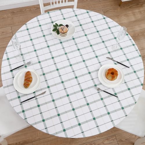 Walrus Round Vinyl Fitted Tablecloth with Flannel Backing Elastic Edge Design Table Cover Waterproof Oil-Proof PVC Table Cloth Stain-Resistant Best for 32"-36" Round - color: Green Plaid, size: 36" (Round)