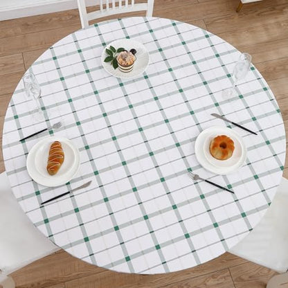 Walrus Round Vinyl Fitted Tablecloth with Flannel Backing Elastic Edge Design Table Cover Waterproof Oil-Proof PVC Table Cloth Stain-Resistant Best for 45"-56" Round - color: Green Plaid, size: 56" (Round)